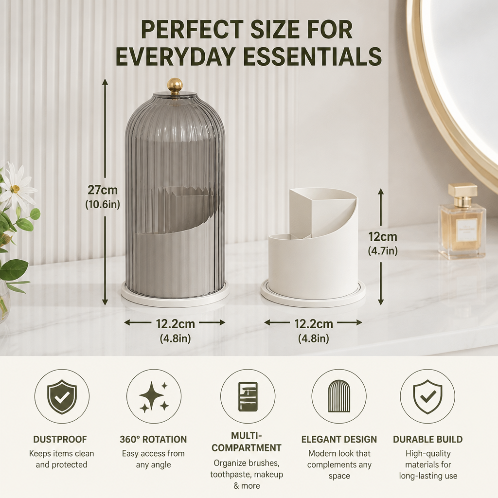 Rotating Toothbrush & Bathroom Essentials Organizer with Dustproof Clear Cover