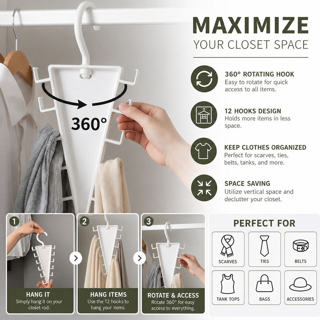 V-Shaped 12-Hook Space-Saving Closet Organizer with 360° Rotating Hanger