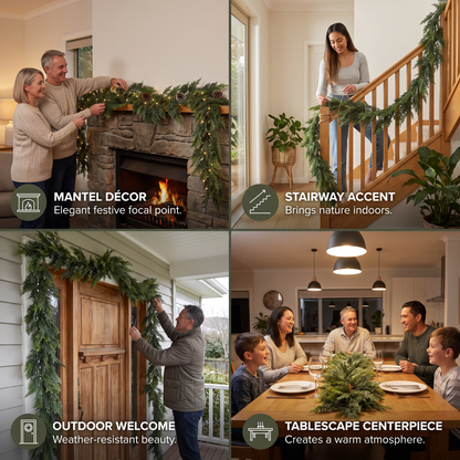 Real-Touch Artificial Cedar & Pine Garland with Pine Cones – Christmas Greenery Décor
