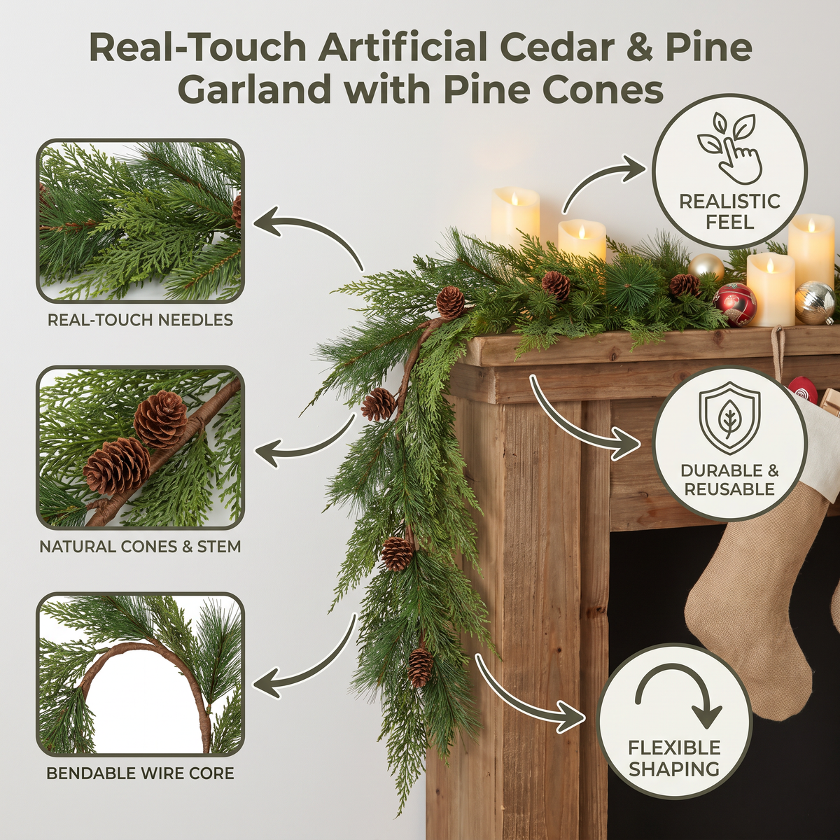 Real-Touch Artificial Cedar & Pine Garland with Pine Cones – Christmas Greenery Décor