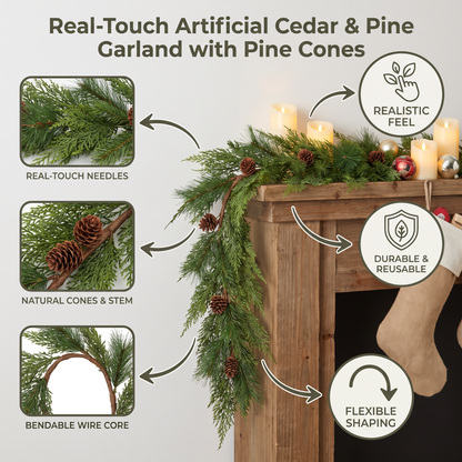 Real-Touch Artificial Cedar & Pine Garland with Pine Cones – Christmas Greenery Décor
