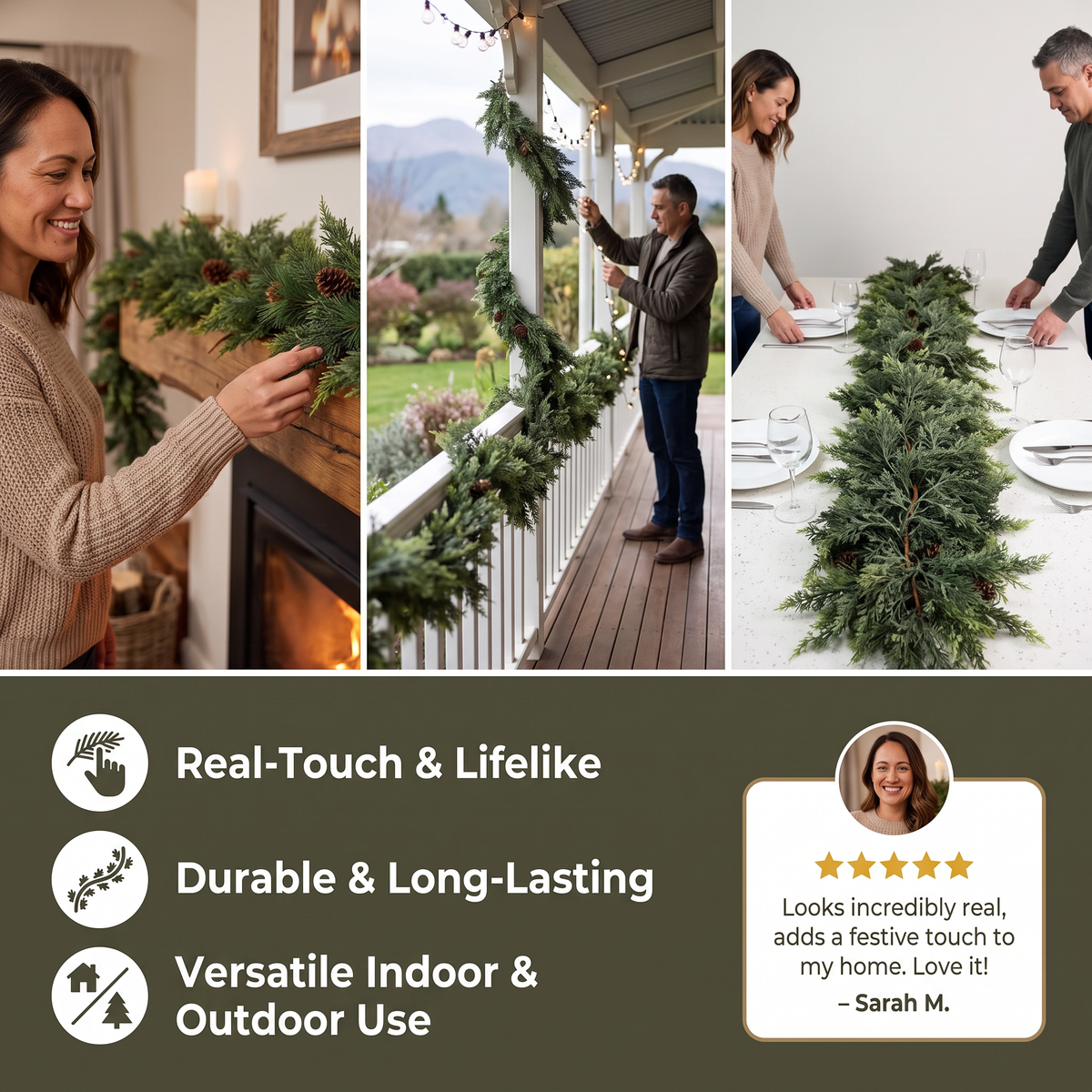 Real-Touch Artificial Cedar & Pine Garland with Pine Cones – Christmas Greenery Décor