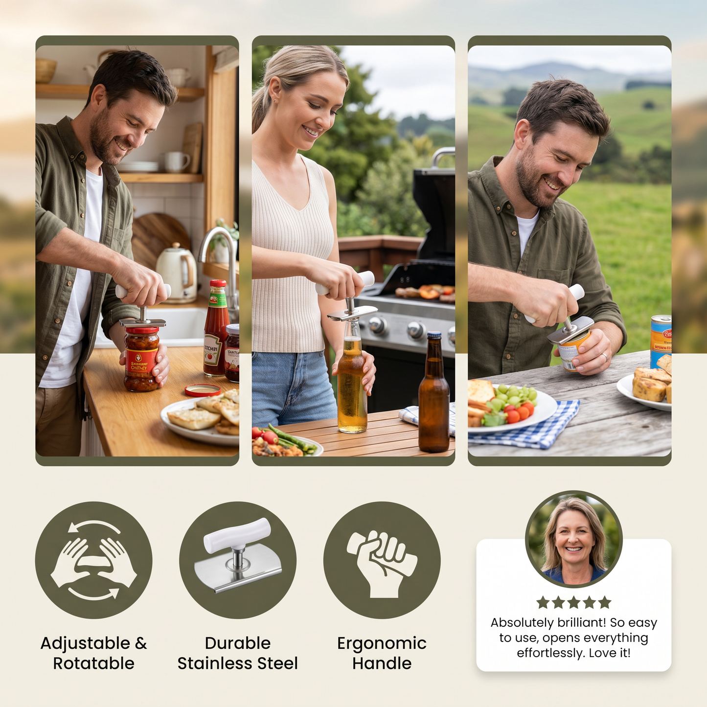 Multi-Function Stainless Steel Can & Bottle Opener – Adjustable & Rotatable