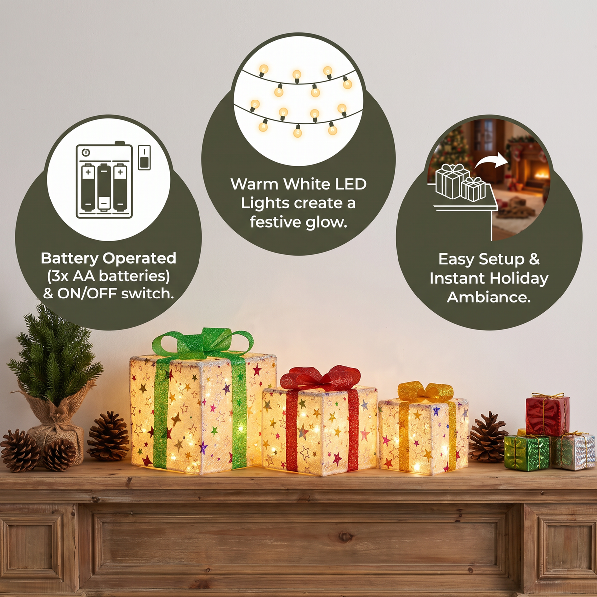 LED Light-Up Christmas Gift Box Decoration Set of 3