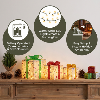 LED Light-Up Christmas Gift Box Decoration Set of 3