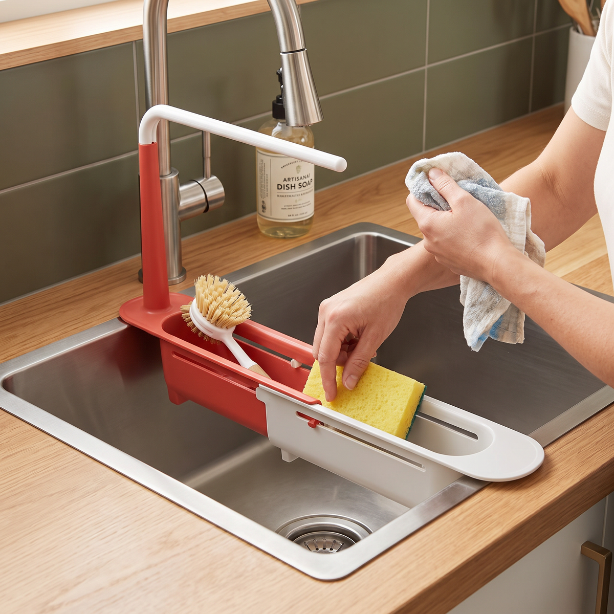 Adjustable Telescopic Sink Organizer with Drainage Basket & Towel Bar
