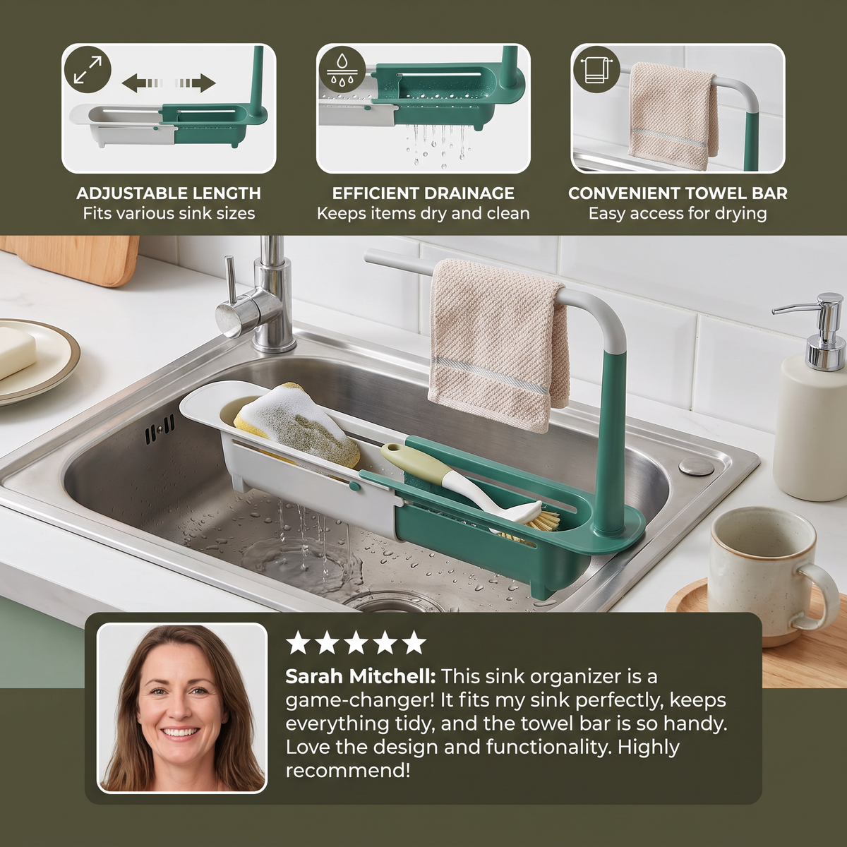 Adjustable Telescopic Sink Organizer with Drainage Basket & Towel Bar