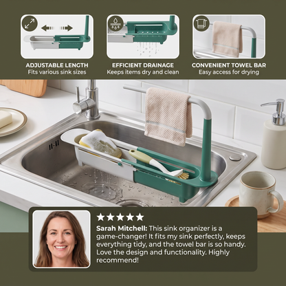 Adjustable Telescopic Sink Organizer with Drainage Basket & Towel Bar