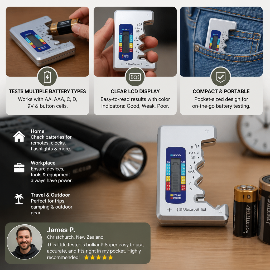 Digital Battery Tester with LCD Display – Capacity Checker for AA, AAA, C, D, 9V & Button Cells