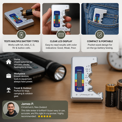 Digital Battery Tester with LCD Display – Capacity Checker for AA, AAA, C, D, 9V & Button Cells