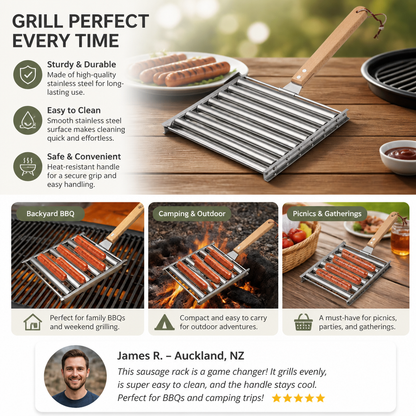 Stainless Steel Sausage Rack – Rollable Grill Holder for Hot Dogs & Sausages