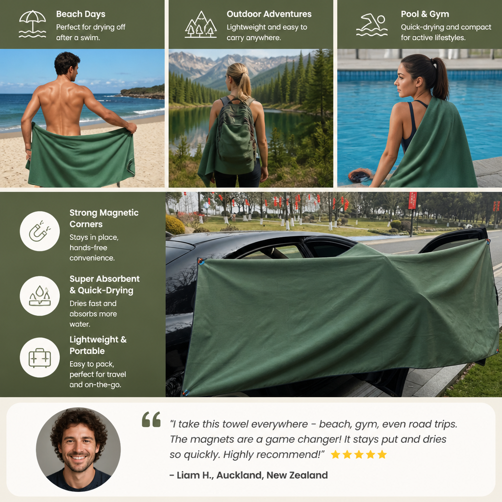 Extra Large Magnetic Bath Towel, Quick-Drying Beach Towel, Portable Outdoor Swimming Towel with Strong Water Absorption