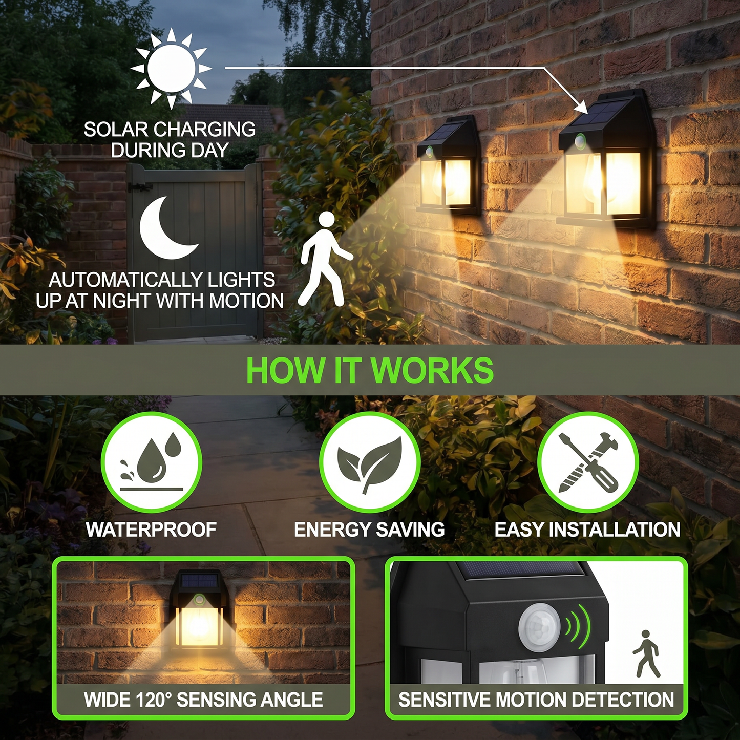 Solar LED Wall Light – Waterproof Outdoor Lamp with Light Sensor for Garden, Yard and Fence (2 pieces)