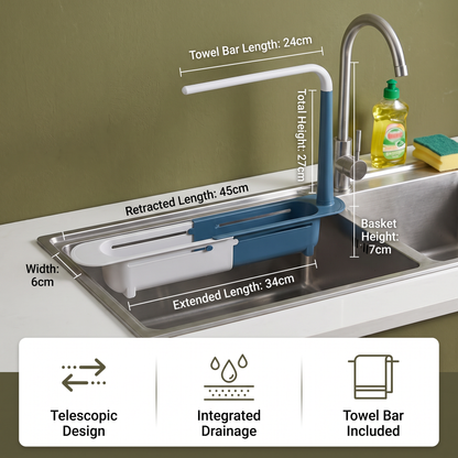 Adjustable Telescopic Sink Organizer with Drainage Basket & Towel Bar