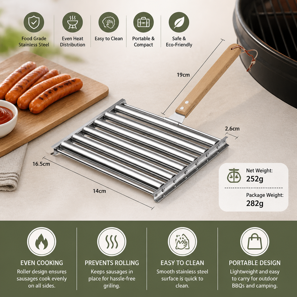 Stainless Steel Sausage Rack – Rollable Grill Holder for Hot Dogs & Sausages