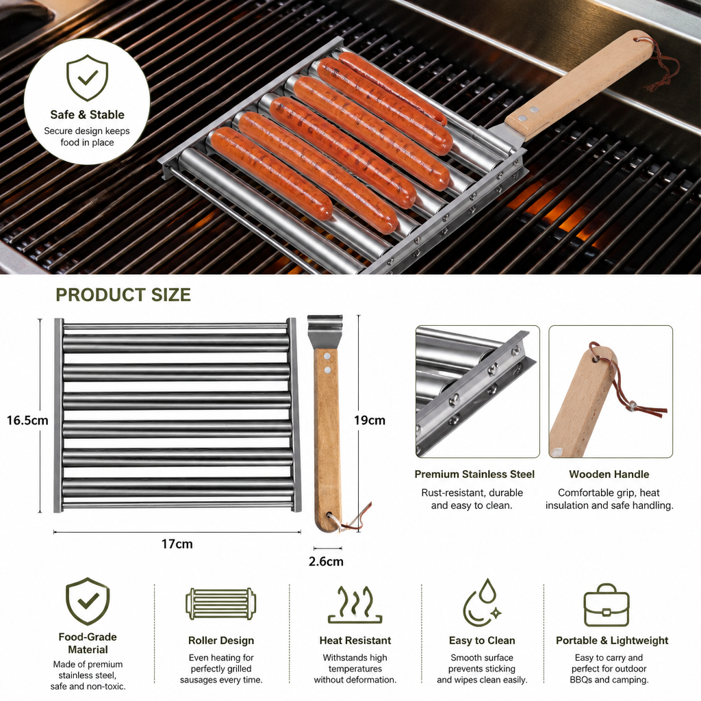 Stainless Steel Sausage Rack – Rollable Grill Holder for Hot Dogs & Sausages