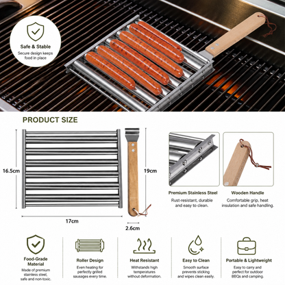 Stainless Steel Sausage Rack – Rollable Grill Holder for Hot Dogs & Sausages