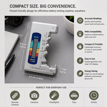 Digital Battery Tester with LCD Display – Capacity Checker for AA, AAA, C, D, 9V & Button Cells