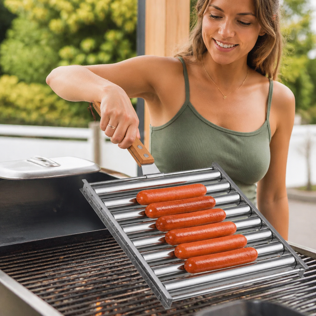 Stainless Steel Sausage Rack – Rollable Grill Holder for Hot Dogs & Sausages