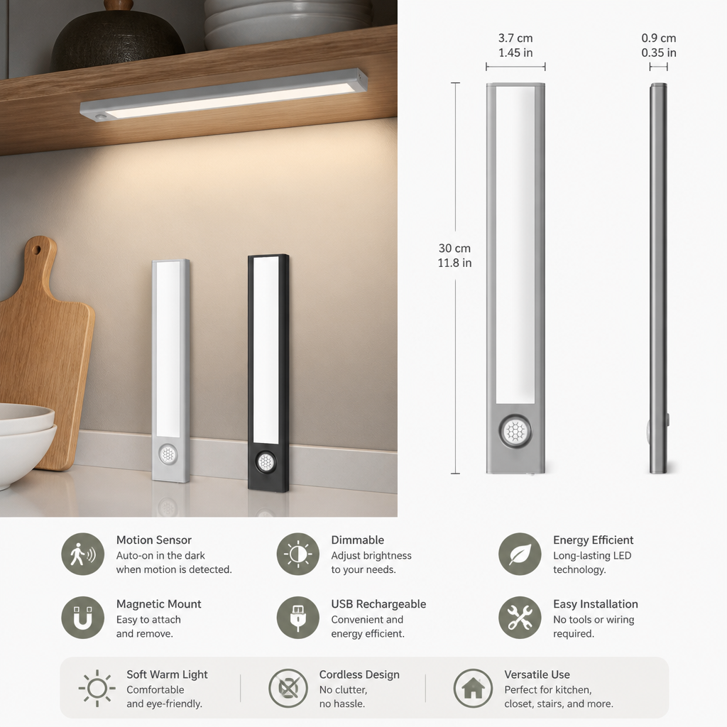 Wireless LED Under-Cabinet Light with Motion Sensor – Magnetic & Dimmable