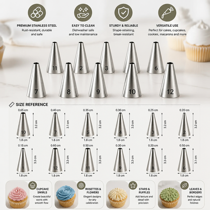 12-Piece Piping Tip Set – Precision Decorating for Cakes, Cupcakes & Macarons