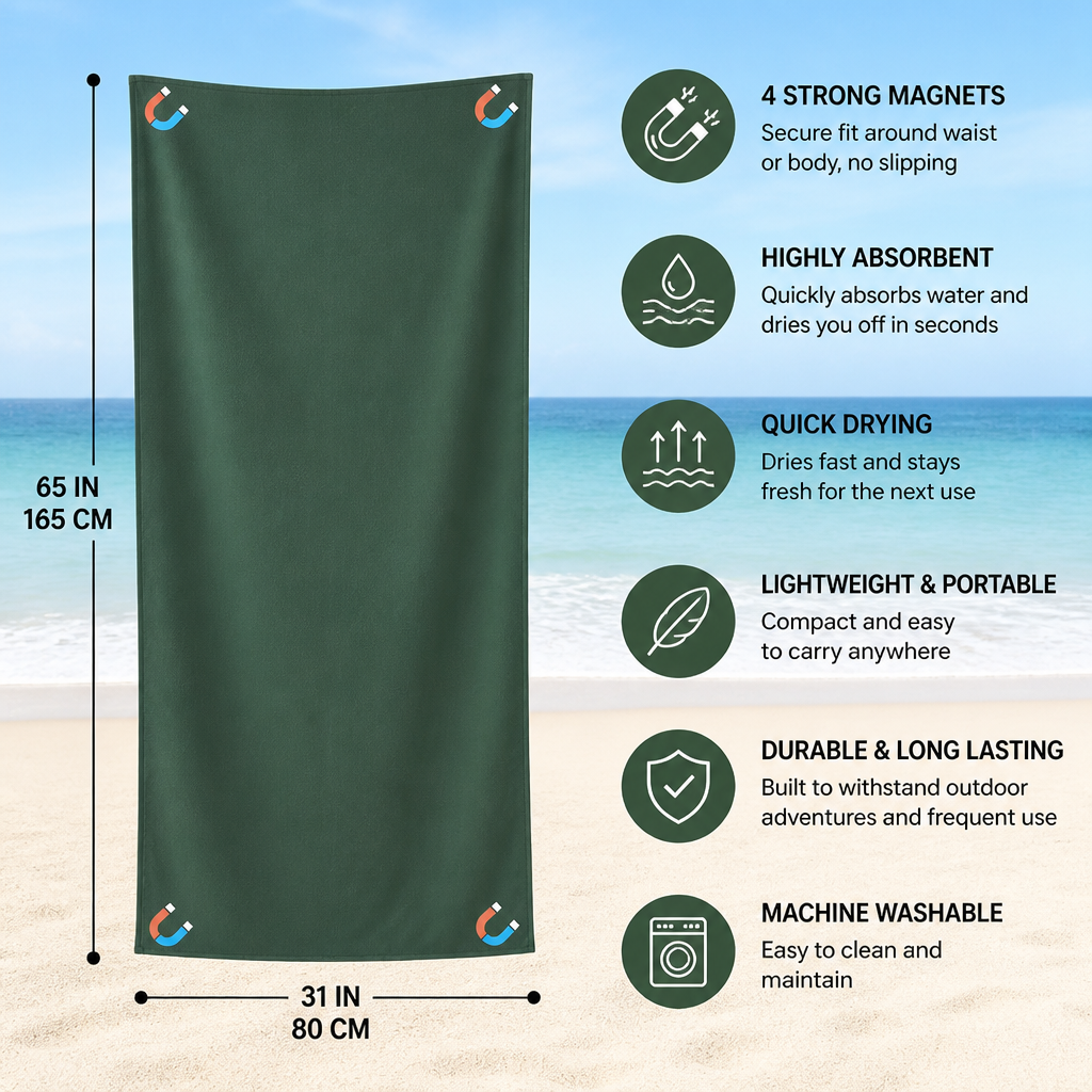Extra Large Magnetic Bath Towel, Quick-Drying Beach Towel, Portable Outdoor Swimming Towel with Strong Water Absorption
