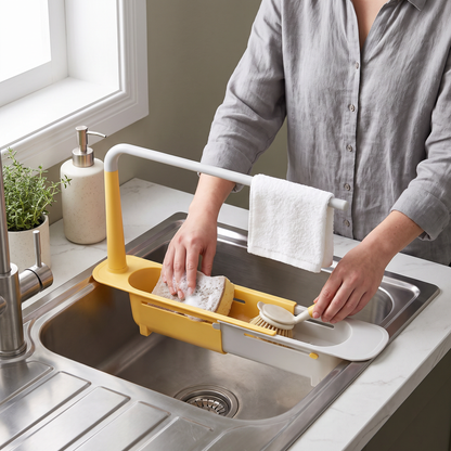 Adjustable Telescopic Sink Organizer with Drainage Basket & Towel Bar